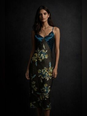 Function & Fringe Anthropologie Teal and Black Floral Slip Maxi Dress